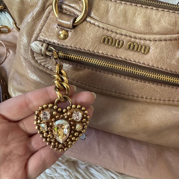 Vintage Miu Miu Distressed Leather Handbag with Swarovski Crystal Charm - Rare R - Picture 10 of 10